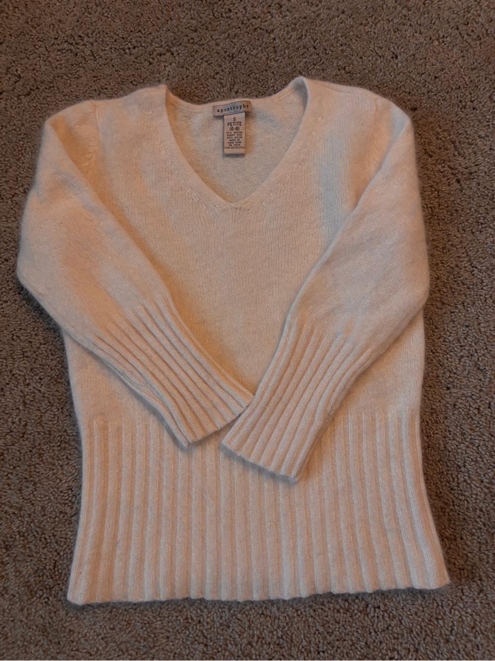 Apostrophe Petite Ivory V-Neck Ribbed Hem Sweater